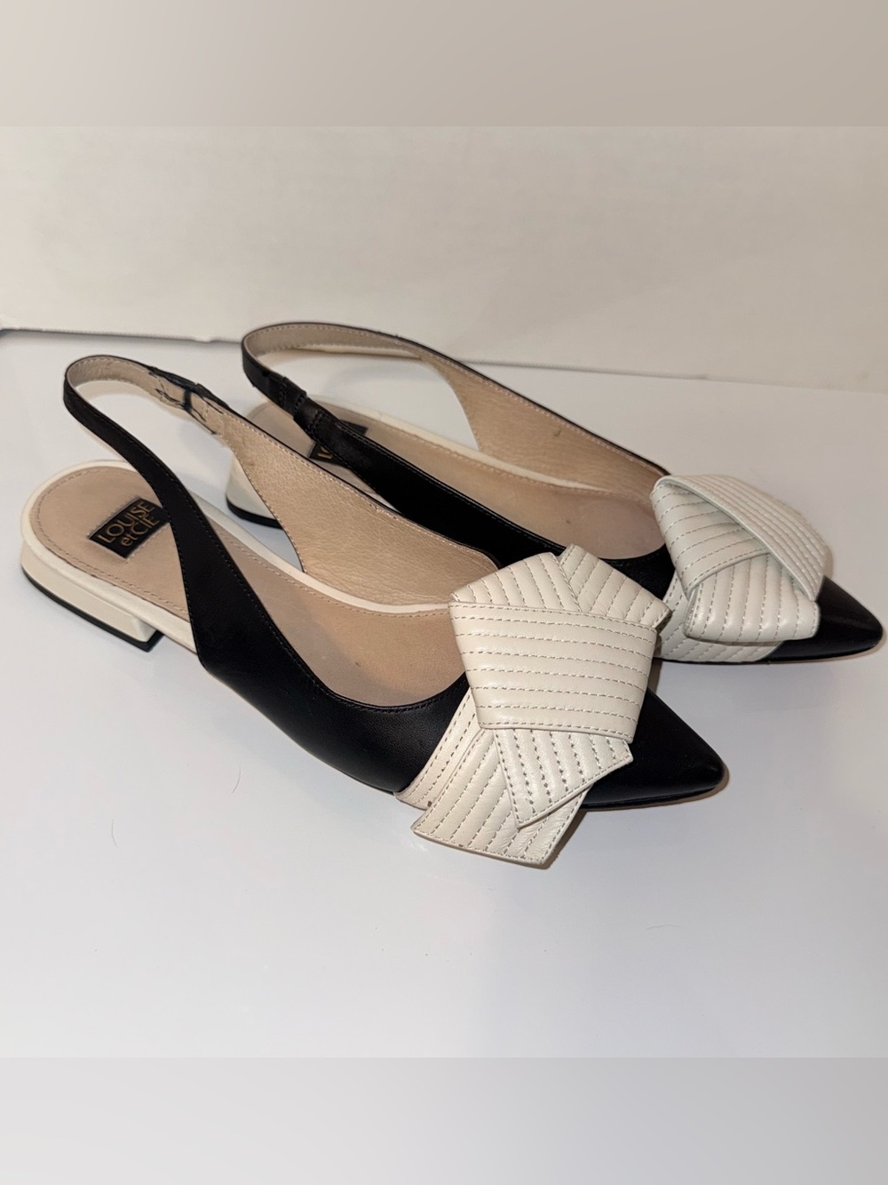 LOUISE ET CIE Black and White Pointed Slingback Flats with Bow Accent 6